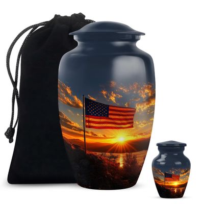 American Flag Sunset Cremation Urn for Human Ashes Adult Male, Funeral Urn for Burial, Urns for Ashes Adults, Large Adult Female Size 10 inch & 3 inch Pack of 2