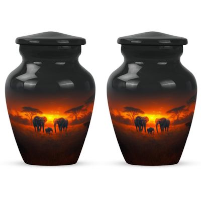 Elephant Sunset Keepsake Urns, for Human Ashes, Funeral Urn for Human Ashes, Mini Urns for Ashes Adult Male, Keepsake Urn for Ashes, Size 3-inch Set of 2