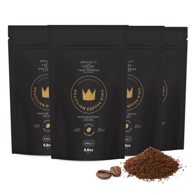 4-Pack Specialty Coffee Daily Arabica Roasted Ground in Brazil Smooth, Comforting Flavor with Notes of Chocolate, Caramel and Nuts Medium-Dark Roast, Carefully Harvested Brazilian Coffee King