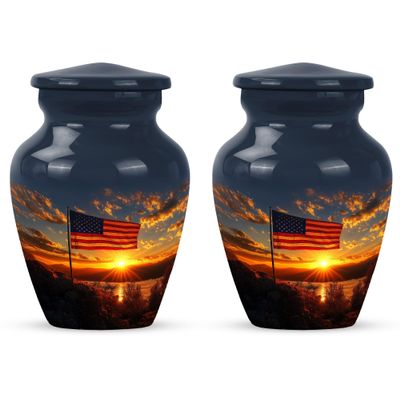 American Flag Sunset Funeral Urn for Burial, Cremation Urn for Human Ashes Adult Male, Companion Urns for Adults, Adult Female Cremains Keepsake Size 3 Inch Set of 2