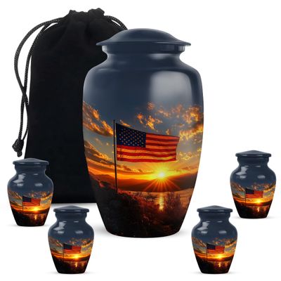 American Flag Sunset Urns for Ashes Adults, Cremation Urn for Human Ashes Adult Male, Funeral Urn for Burial, Large Adult Female Size 10 inch & 3 inch Pack of 5