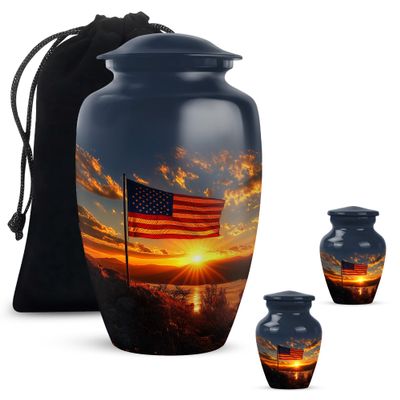 American Flag Sunset Urns for Ashes Adults, Cremation Urn for Human Ashes Adult Male, Funeral Urn for Burial, Large Adult Female Size 10 inch & 3 inch Pack of 3