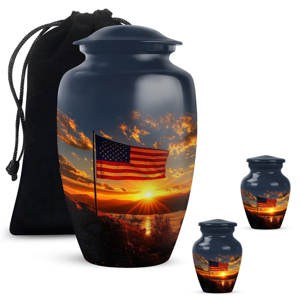 American Flag Sunset Urns for Ashes Adults, Cremation Urn for Human Ashes Adult Male, Funeral Urn for Burial, Large Adult Female Size 10 inch & 3 inch Pack of 3