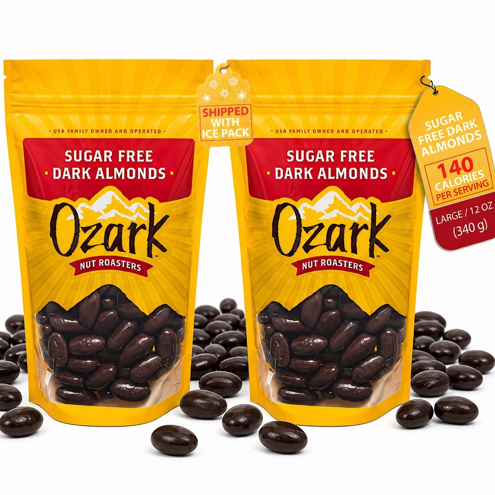 OZARK NUT ROASTERS, Sugar-Free Dark Almonds, Dark Chocolate Flavored Snacks, No Sugar Added, World-Class Gourmet Candied Nuts, Resealable Pack of 2 (12 oz)