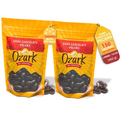 OZARK NUT ROASTERS, Dark Chocolate Pecans, Velvety Dark Chocolate Flavored Snacks, World-Class Gourmet Candied Nuts, Resealable Pack of 2 (14 oz)