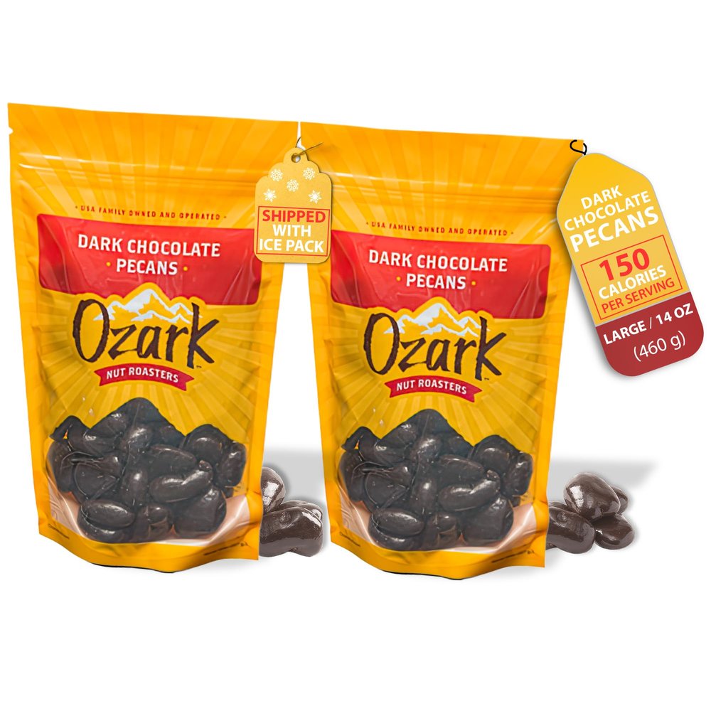 OZARK NUT ROASTERS, Dark Chocolate Pecans, Velvety Dark Chocolate Flavored Snacks, World-Class Gourmet Candied Nuts, Resealable Pack of 2 (14 oz)