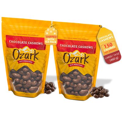 OZARK NUT ROASTERS, Chocolate Covered Cashews, Premium Chocolate Flavored Snacks, World-Class Gourmet Candied Nuts, Resealable Pack of 2 (14.0 oz)
