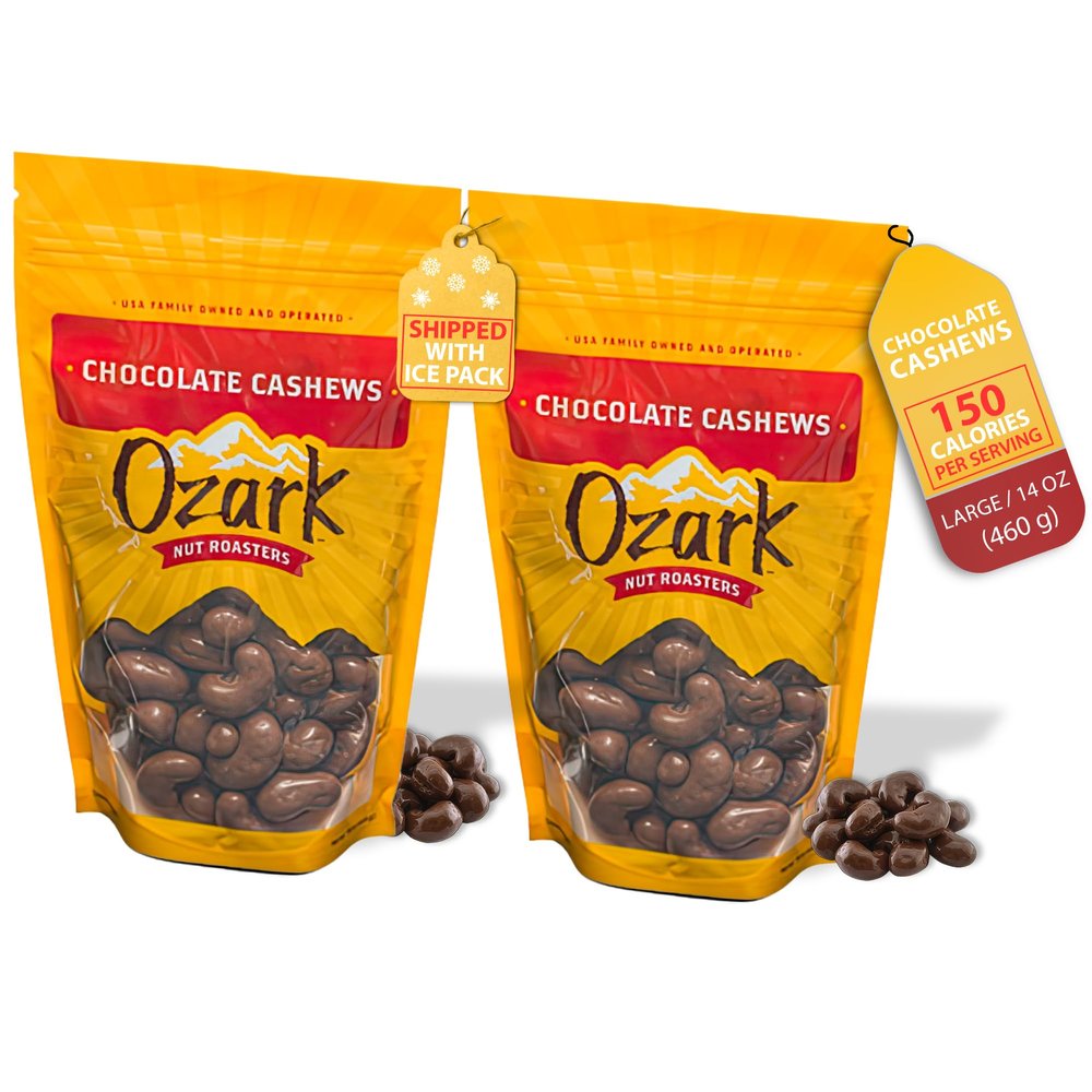 OZARK NUT ROASTERS, Chocolate Covered Cashews, Premium Chocolate Flavored Snacks, World-Class Gourmet Candied Nuts, Resealable Pack of 2 (14.0 oz)