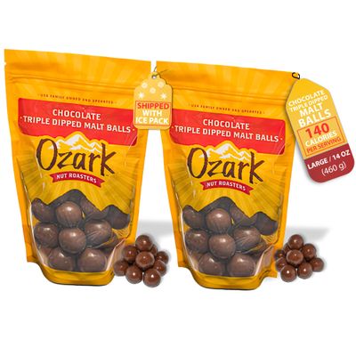 OZARK NUT ROASTERS Chocolate Malt Balls, Gourmet Malted Candy Snack, Rich Chocolate Flavor, Resealable 14 oz Bag, Pack of 2