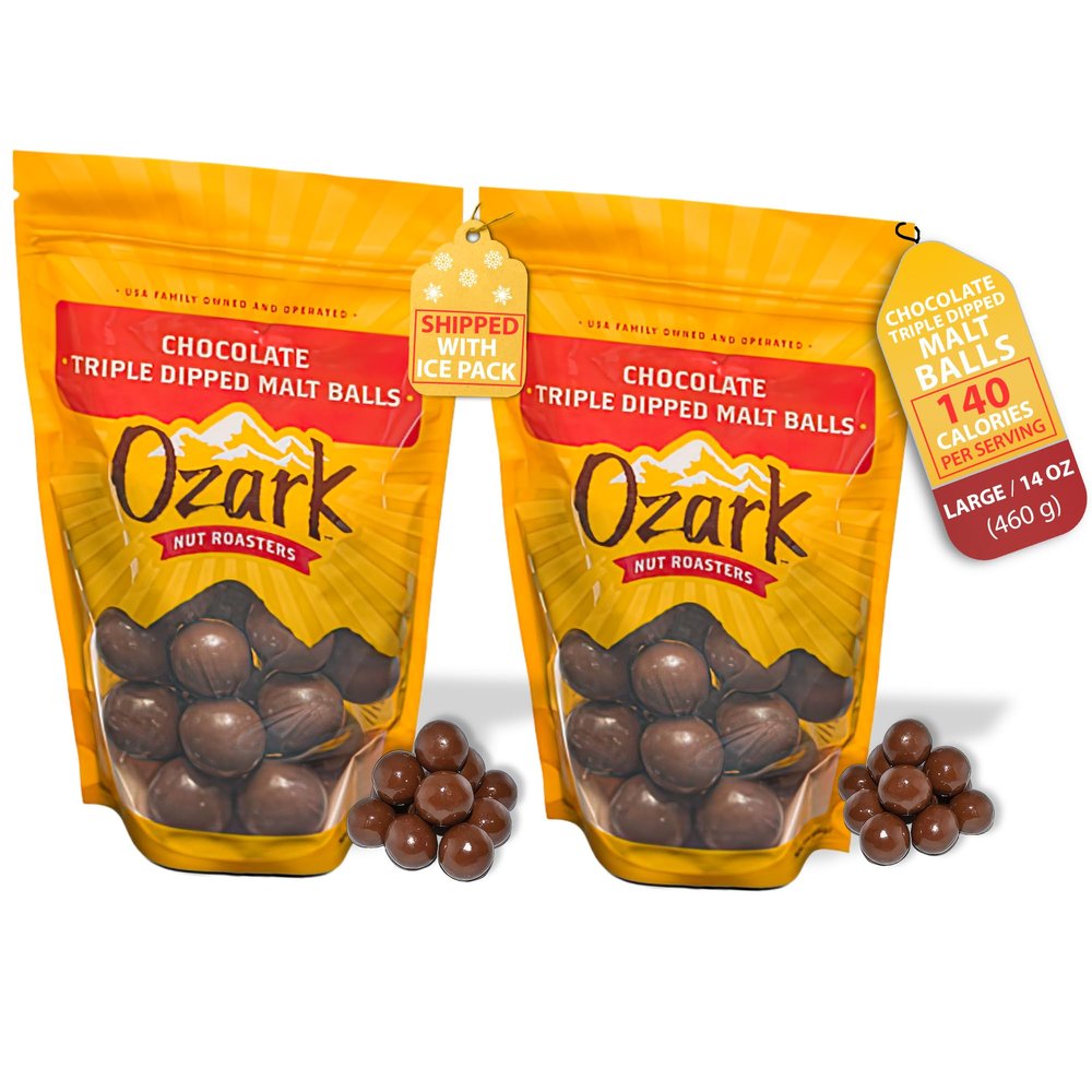 OZARK NUT ROASTERS Chocolate Malt Balls, Gourmet Malted Candy Snack, Rich Chocolate Flavor, Resealable 14 oz Bag, Pack of 2