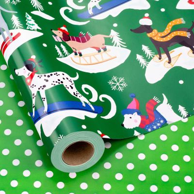 Yarcony Dog Christmas Wrapping Paper Roll, Green Wrapping Paper, Reversible Elegant Skiing Puppy and Polka Dot Design Kid Christmas Gift Wrap Paper for Winter Holiday, Dog Lover (17 Inch X 33 Feet)