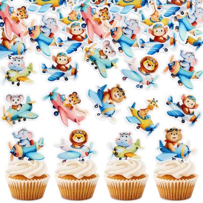 40Pcs Edible Airplane Cupcake Toppers Wafer Paper Animal Birthday Decorations Cupcake Toppers for Kids Boys Girls Cute Animal Theme Baby Shower Kids Boys Party Decorations