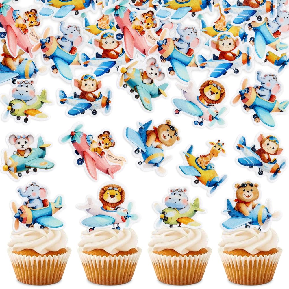 40Pcs Edible Airplane Cupcake Toppers Wafer Paper Animal Birthday Decorations Cupcake Toppers for Kids Boys Girls Cute Animal Theme Baby Shower Kids Boys Party Decorations