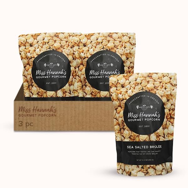 Miss Hannah's Gourmet Sea Salted Brle Popcorn - Sweet & Salty Caramelized Crunch with a Crme Brle Twist | Gourmet Popcorn Snack | Gluten-Free, Vegan Treat - 16oz (3 Pack)