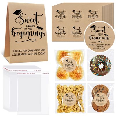 100Pcs Graduation Candy Cookie Treat Bags, Sweet Endings to New Beginnings of 2025 Clear Grad Cellophane Treat Bags Graduations Stickers and Kraft Paper Sign