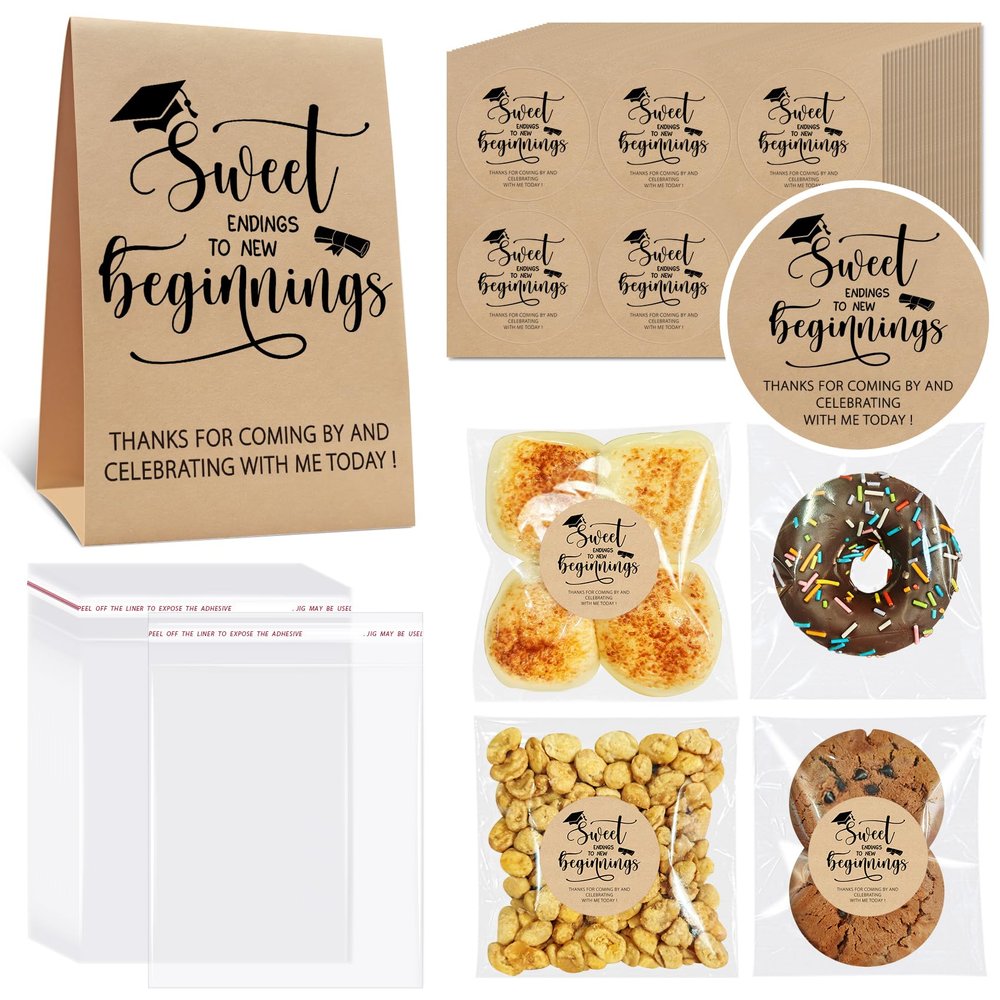 100Pcs Graduation Candy Cookie Treat Bags, Sweet Endings to New Beginnings of 2025 Clear Grad Cellophane Treat Bags Graduations Stickers and Kraft Paper Sign