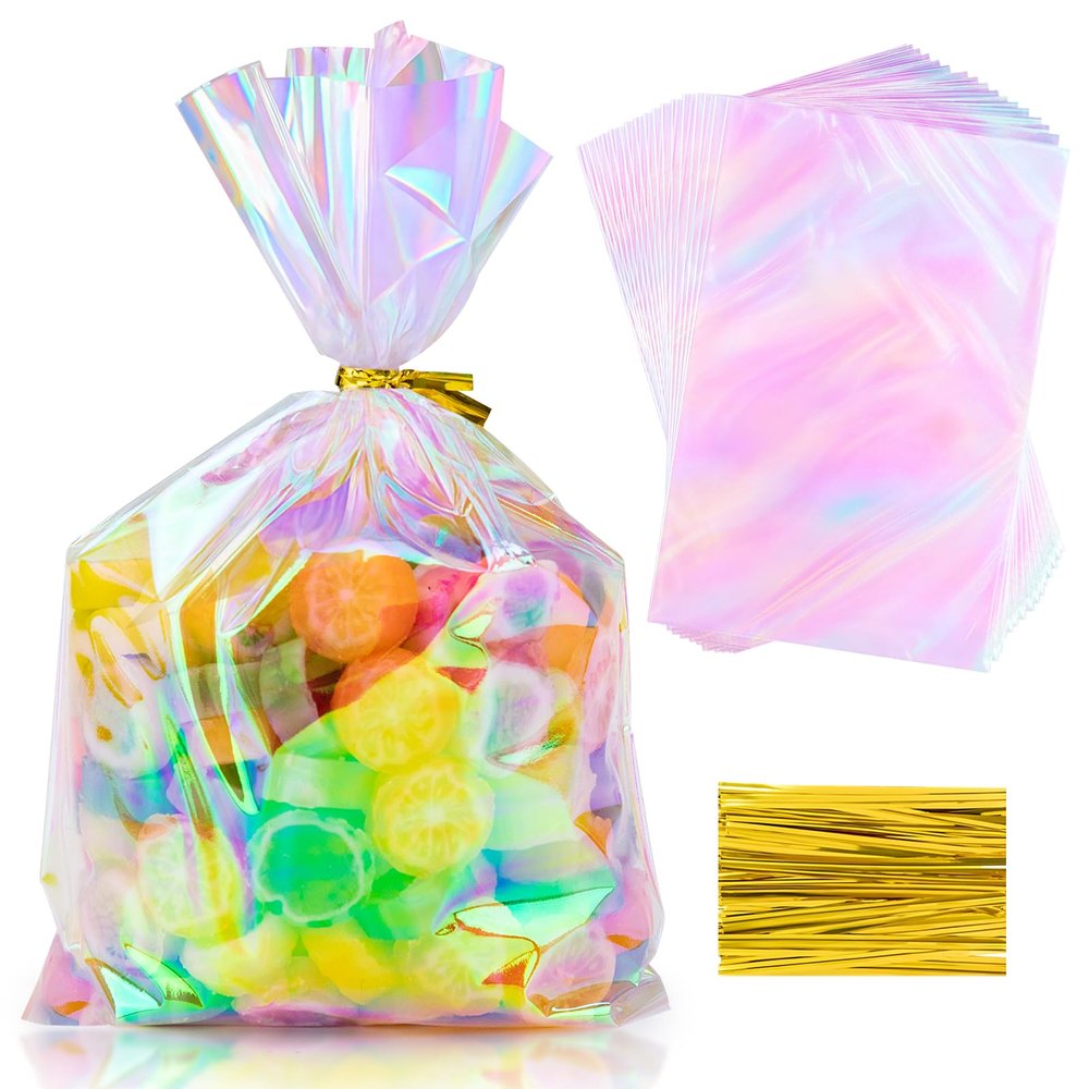 Aubeco 50Pcs Iridescent Cellophane Treat Bags with Ties, 6x9 Inch Holographic Plastic Goodie Baggies for Party Favors, Candy, Cookies Packing, Gift Wrapping