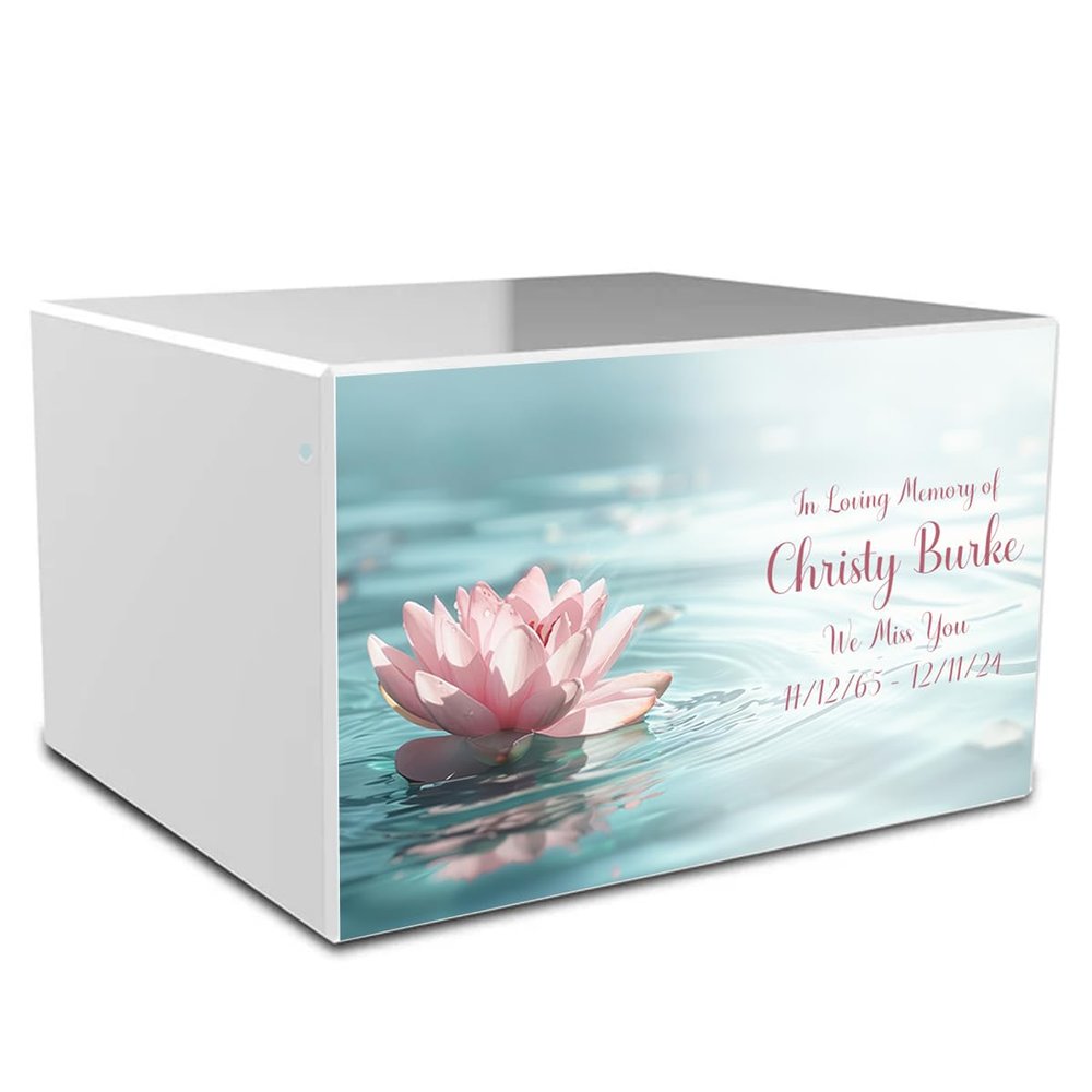 GetUrns Heritage Adult White Cremation Urn Box For Human Ashes I Lotus Custom Printing Wooden Urns for Male and Female I 213lbs