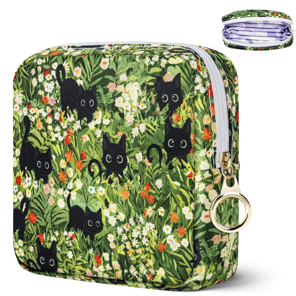 Likesing Tampon Holder for Purse, Canvas Period Bag Sanitary Napkin Storage Bag for Girls Womens, Portable Feminine Emergency Pad Period Pouch(Kitten Grass)