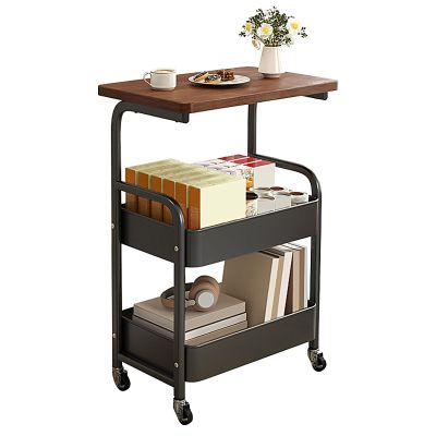 C Shaped End Table with Silent Universal Wheels Thickened Carbon Steel Frame Small Side Tables for Small Spaces, Living Room, Bedroom, Rustic Snack Tables(Black)
