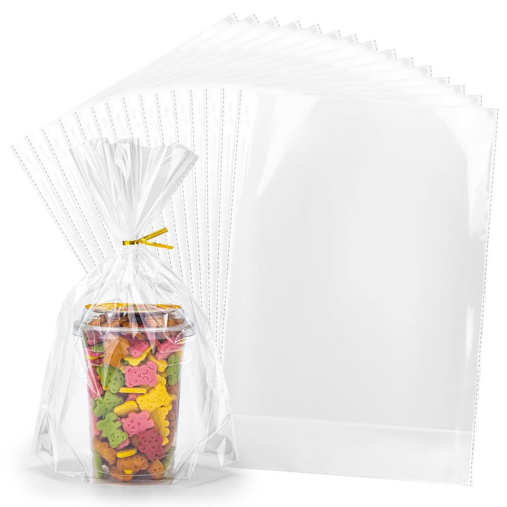 Aubeco 100Pcs Flat Bottom Cellophane Bags, 9.8x14x 3.8" Clear Goodie Baggies with Twist Ties for Party Favor Packaging, Cookie, Popcorn, Candy, Mug Wrapping