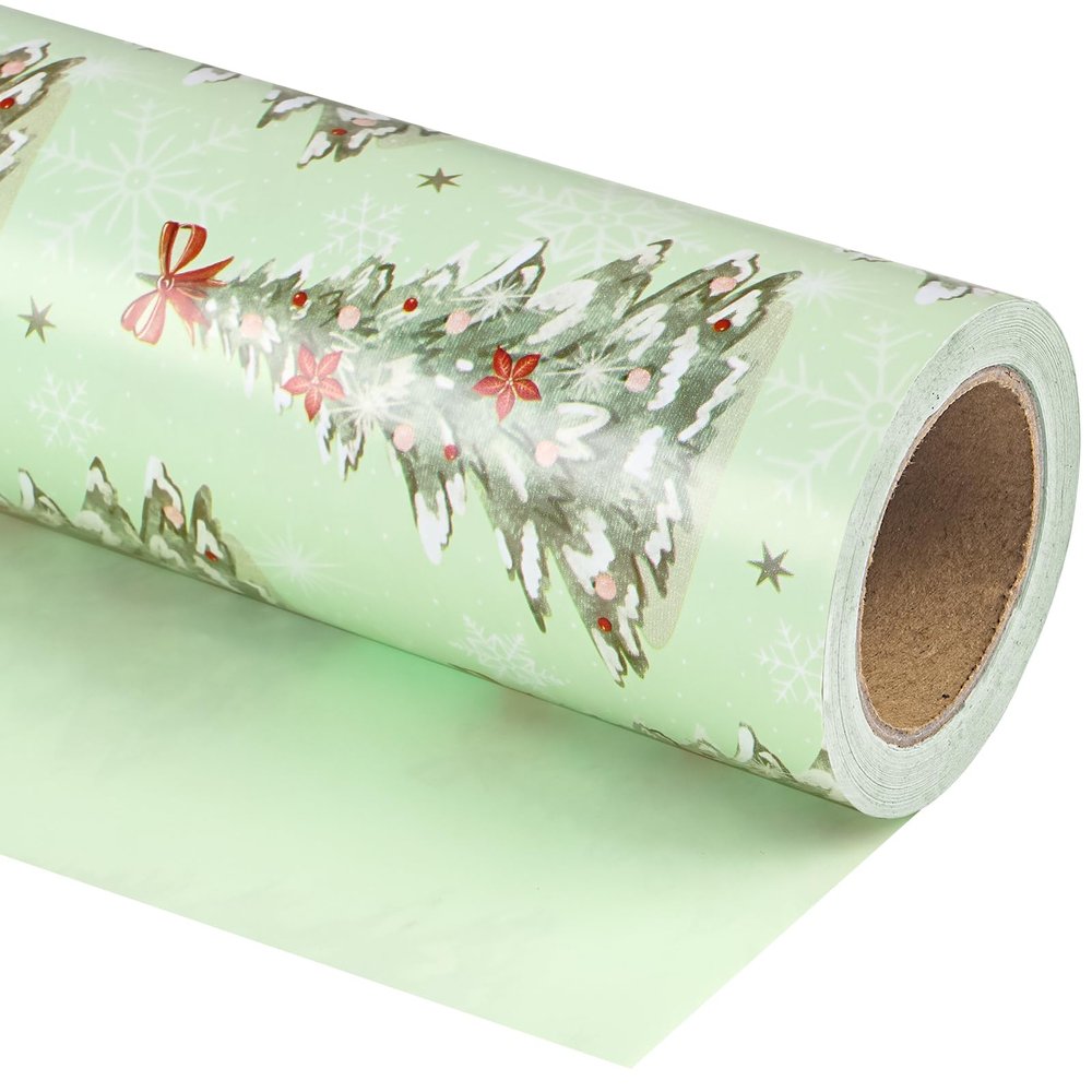 WRAPAHOLIC 30 Inch Reversible Christmas Wrapping Paper - 30 Inch x 33 Feet - Light Green Christmas Tree Wrapping Paper for Xmas Holiday, Party Celebration