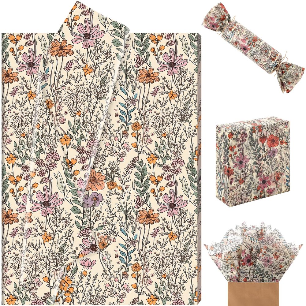 100 Sheets Wildflower Garden Floral Tissue Paper, 13.8 x 19.7 Inch Vantage Wild Flower Gift Wrapping Paper for Valentine Spring Wedding Birthday Baby Shower Supplies