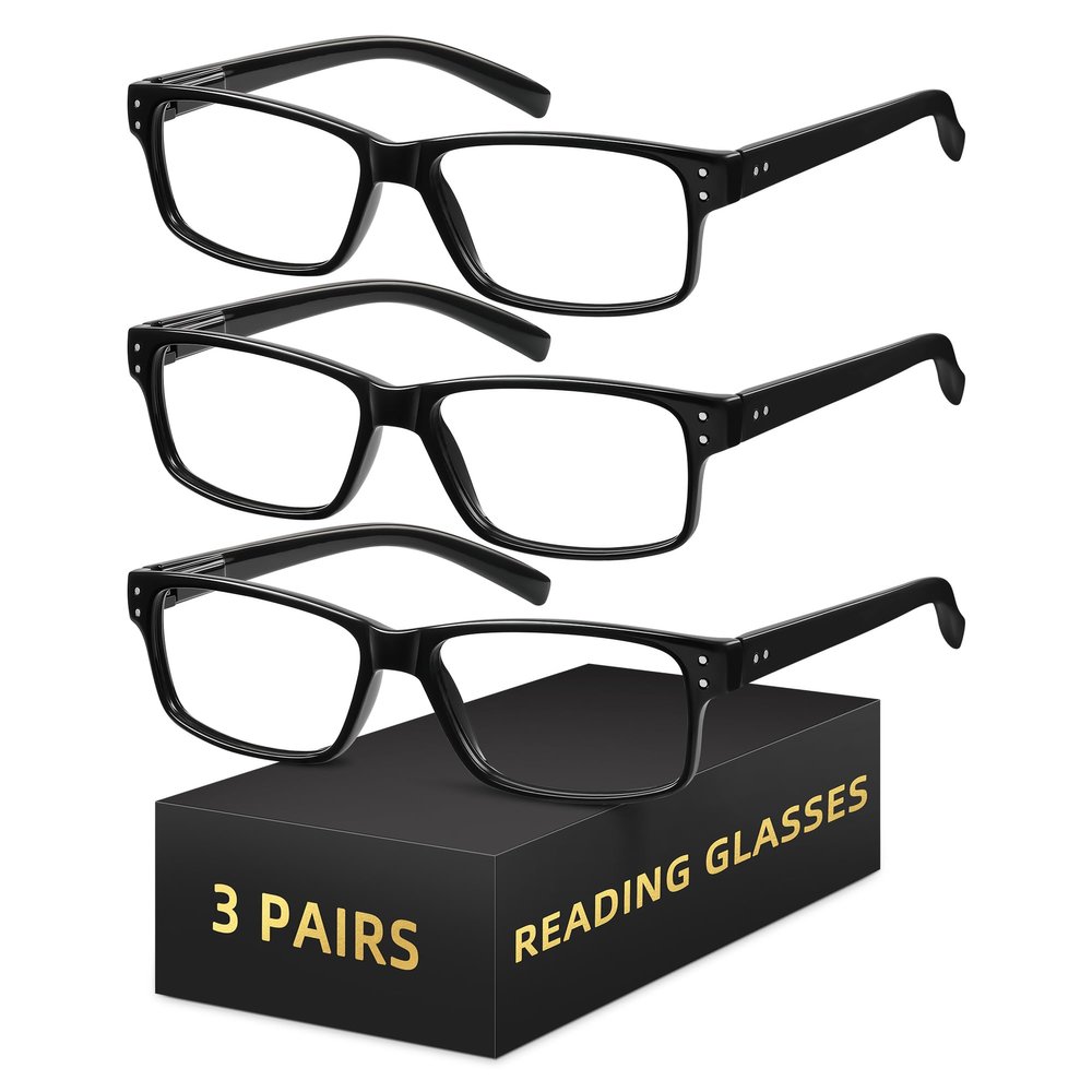 resjok 3Pairs Reading Glasses Men - Blue Light Blocking Square Readers for Men with Spring Hinge Anti Eyestrain Eyeglasses (Black, 1.5x)