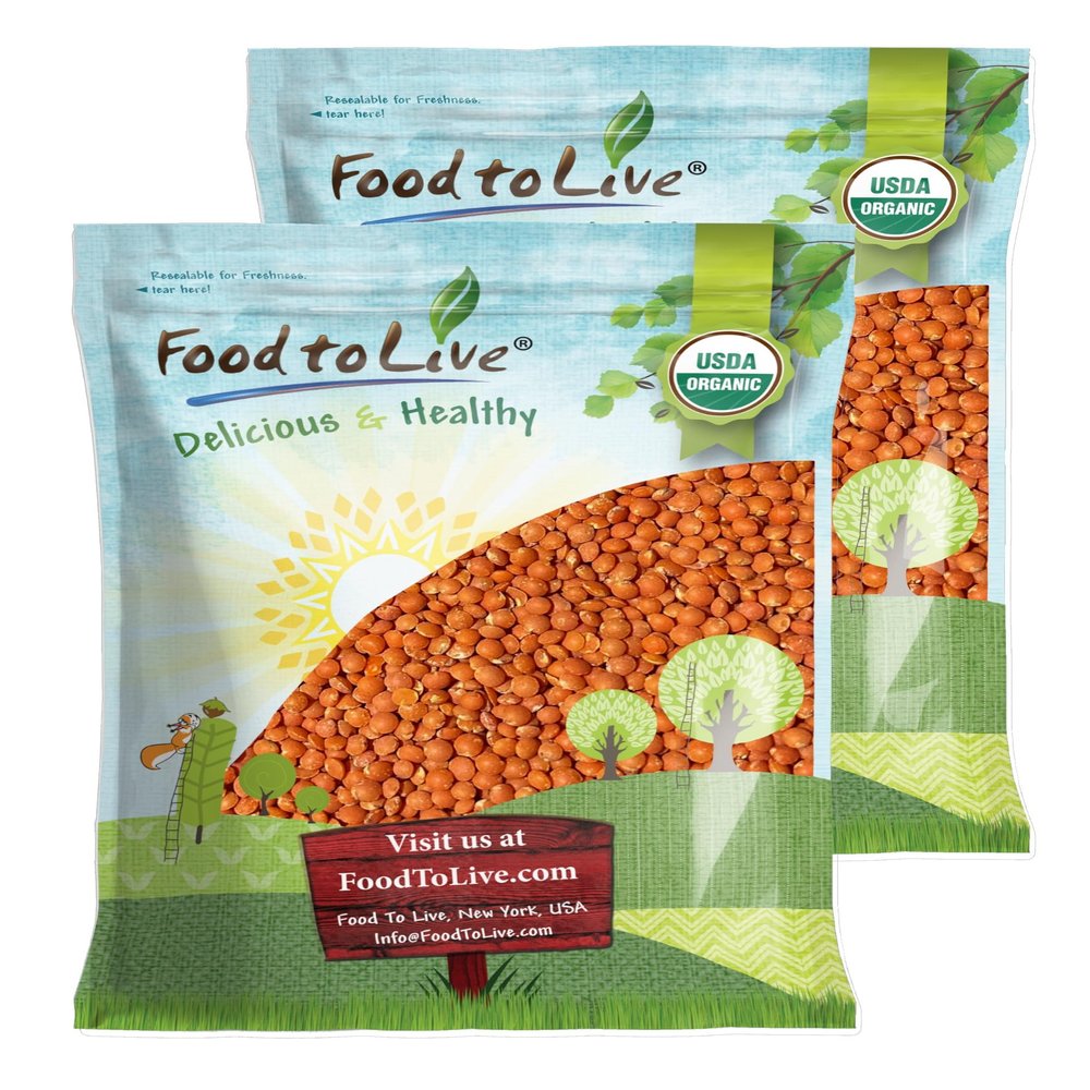 Food to Live Organic Red Lentils (Football), 20 Pounds Whole, Decorticated, High Protein Legume, Non-GMO, Perfect for Soups, Curries and Vegan Meals, Kosher, Bulk