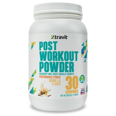 Xtravit Post Workout Powder - Natural Vanilla Nutrition Supplement with 20g Protein, Essential Amino Acids, Creatine, & GI Support for Men & Women - No Added Sugar or Fillers, 38.8 oz., 30 Servings