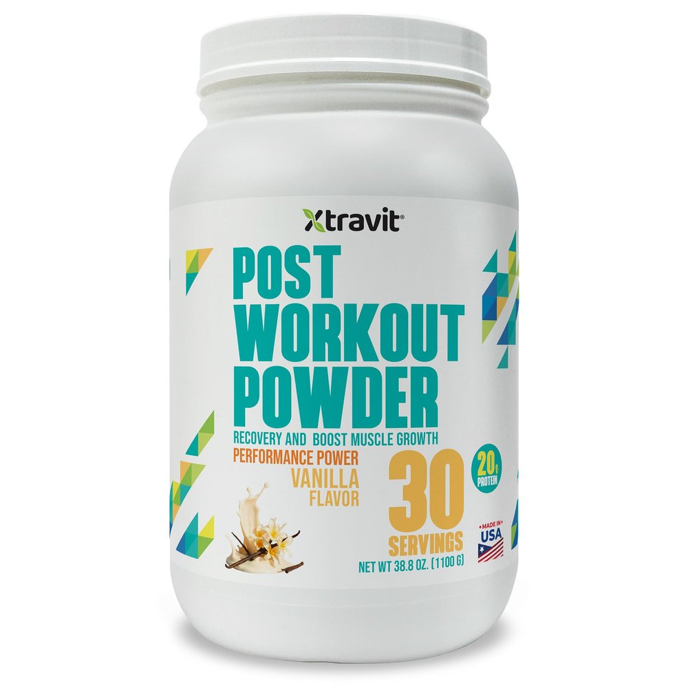 Xtravit Post Workout Powder - Natural Vanilla Nutrition Supplement with 20g Protein, Essential Amino Acids, Creatine, & GI Support for Men & Women - No Added Sugar or Fillers, 38.8 oz., 30 Servings