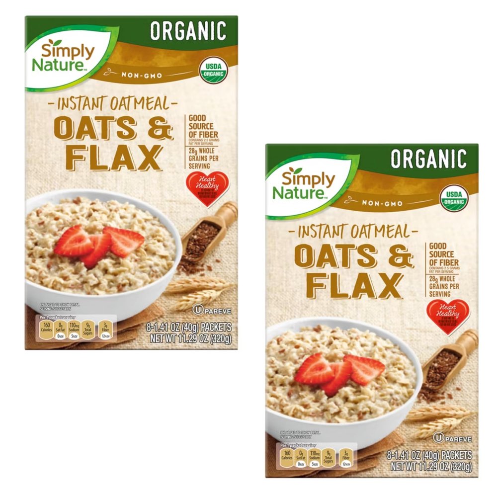 2-Pack Simply Nature Organic Oats & Flax Instant Oatmeal Heart-Healthy, Fiber-Rich Superfood Breakfast Packed with Omega-3s, Plant Power & Gut-Loving Goodness! (11.29 oz / 320g Each)