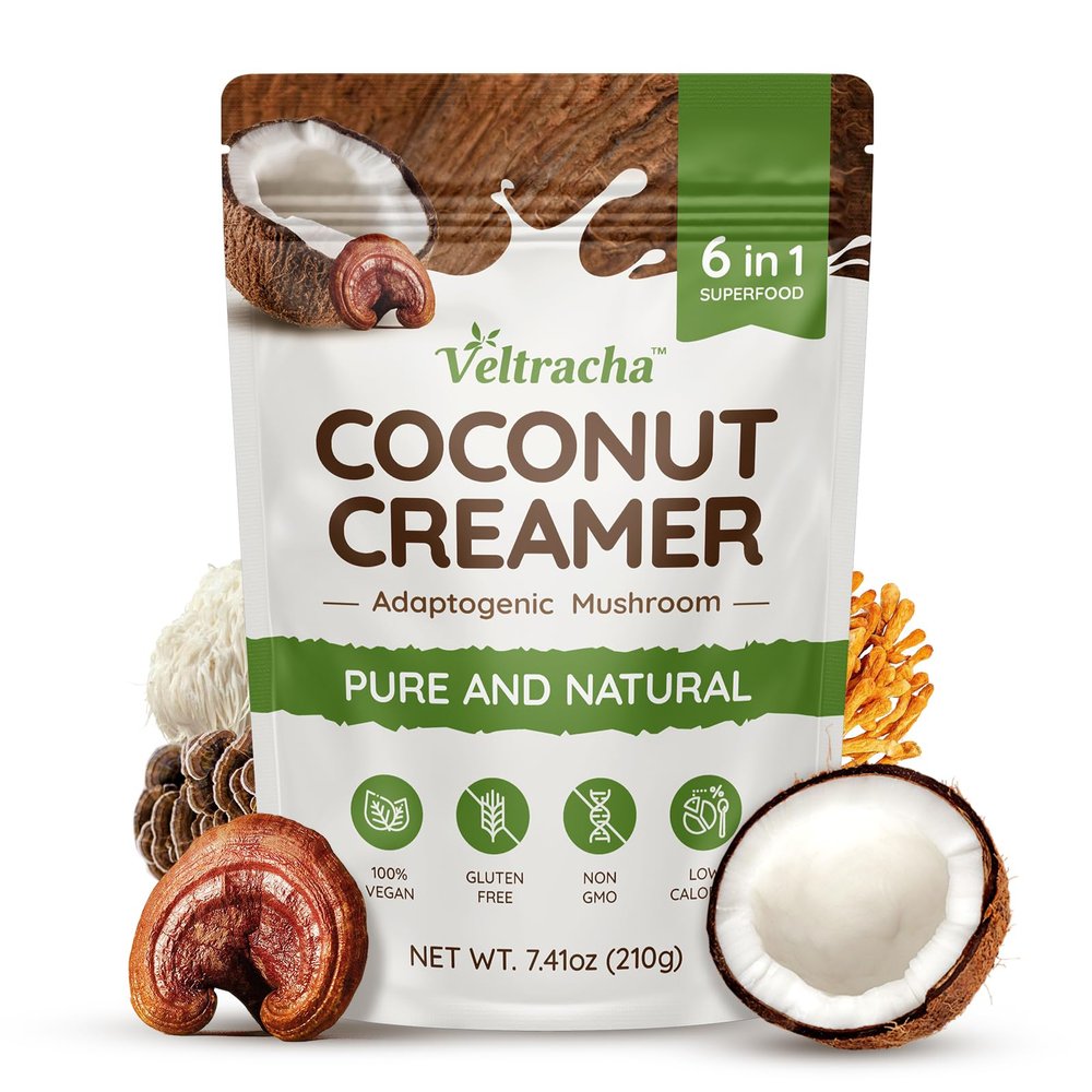 Veltracha Mushroom Coffee Creamer, Superfood Coconut Creamer Powder with 6 Adaptogenic Mushrooms - Reishi, Turkey Tail, Lions Mane, Non-Dairy Coffee Powdered Creamer for Energy & Focus & Digestion, 30 Servings (Large, Coconut)