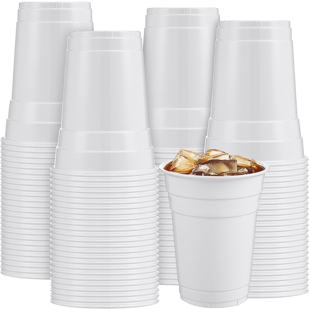 Mimorou White 200 Pack 16 oz Plastic Cups Bulk, Disposable Cups for Party Graduation Mardi Gras Wedding Stackable Beverage Drinking Tumbler Heavy Duty for BBQ Birthday Baby Shower