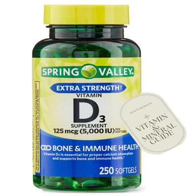 1 Pack Vitamin D3 Softgels, Vitamin D3 125MCG 5000 IU, 250 Count Includes +(Vitamin Guide)