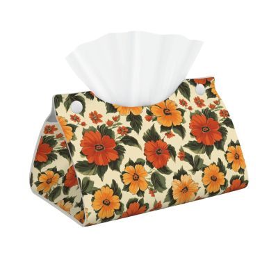 1970s Flower Retro Tissue Box Cover Rectangle Pu Leather Tissue Box Holder for Car Bathroom Bedroom Desk Tabletop Decor