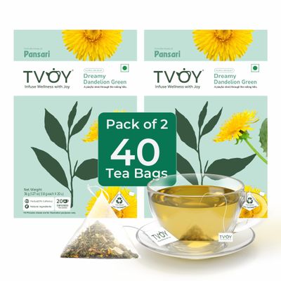 Dandelion Leaf & Root Green Tea bags, Premium Dandelion Green Tea Bags with Milk Thistle, 40 Biodegrable Loose Leaf Pyramid Tea Bags, Caffeine-Free, Individually Wrapped Tea Bags, Gluten Free