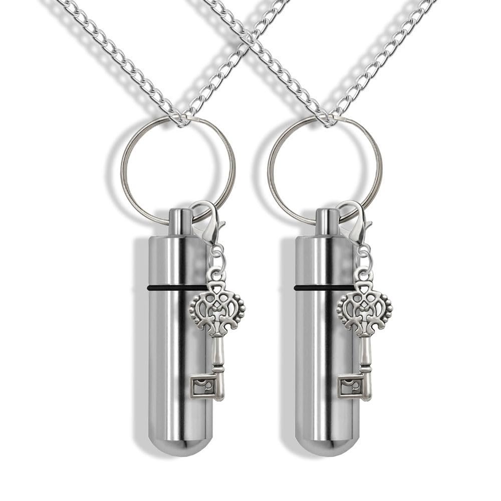 Set of 2 Silver Cremation Urn&Vial on 24"-Chain Necklace with-Cross Key,Cross Key idea,Cremation Souvenir,Cross Key Memorial Urn,Memory Jewelry