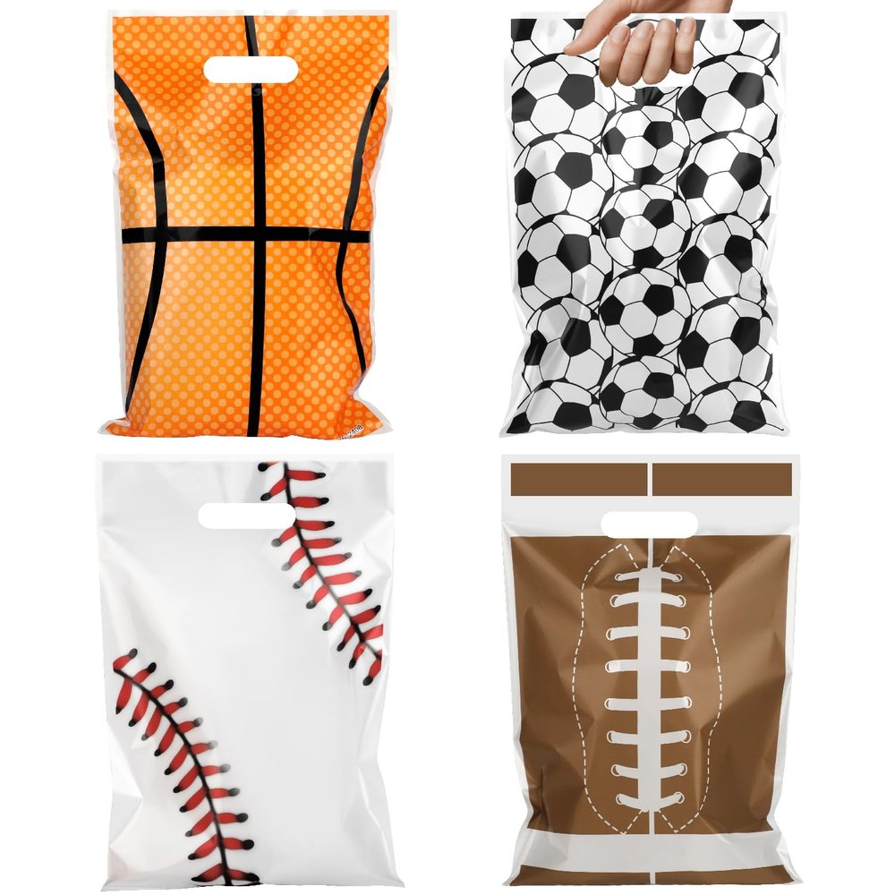 Hikio 120 Pcs Football Sports Party Favor Bags Football Soccer Basketball Baseball Rugby Gift Plastic Bags with Handles for Sport Theme Birthday Party Supplies Decoration