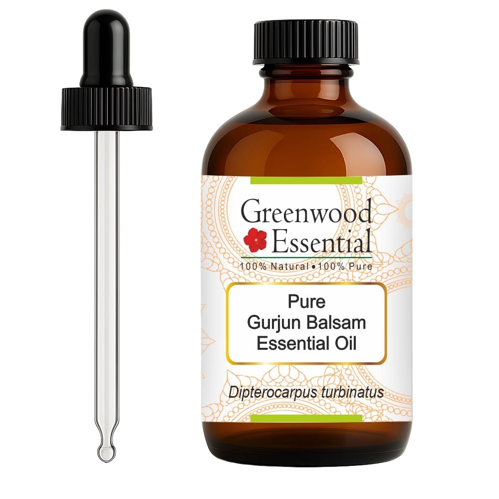 Greenwood Essential Gurjun Balsam Essential Oil (Dipterocarpus turbinatus) with Glass Dropper | Pure | Non-Sticky | Non-Greasy | Lightweight | Unisex | All Skin Types | Steam Distilled 120ml (4 oz)