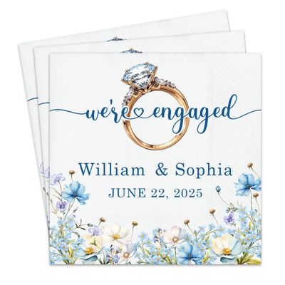 Custom We're Engaged Napkins Pack 15pcs, Engagement Napkin for Party, Engaged Party Decoration, Beverage Cocktail Luncheon Dinner Luxury, Disposable, Flower, BLue for Bride Bridal Mrs 1