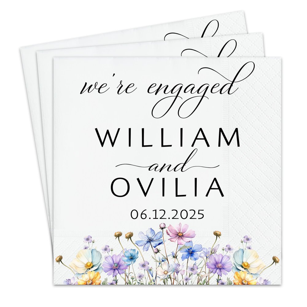 Custom We're Engaged Napkins Pack 15pcs, Engagement Napkin for Party, Engaged Party Decoration, Beverage Cocktail Luncheon Dinner Luxury, Disposable, Flower, BLue for Bride Bridal Mrs 5