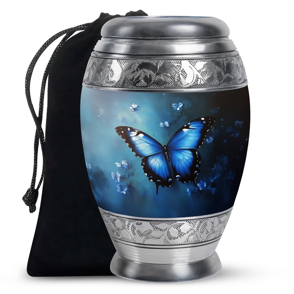 Blue Butterfly Urns for Human Ashes Adult Dad, Burial Large Urn for Ashes Adult Mom, Handcrafted Cremation Gift for Decorative, 10Inch and 200lbs Capacity Include Velvet Bag