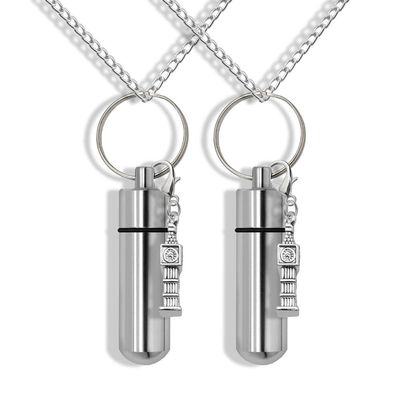 Set of 2 Silver Cremation Urn&Vial on 24"-Chain Necklace with The Clock,Memorial Urn,Memory Jewelry