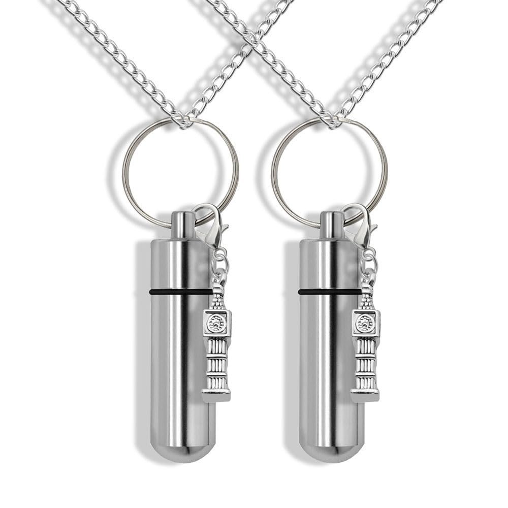 Set of 2 Silver Cremation Urn&Vial on 24"-Chain Necklace with The Clock,Memorial Urn,Memory Jewelry