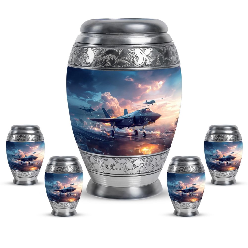 KARYLIZ Airplane Mini Urns for Ashes - Adult Human Ash Women - Large Cremation Urns - Funeral for Ashes Female Male - Blue Urn - Cloud Urn (Combo 10 Inch & 3 Inch, Set of 5)