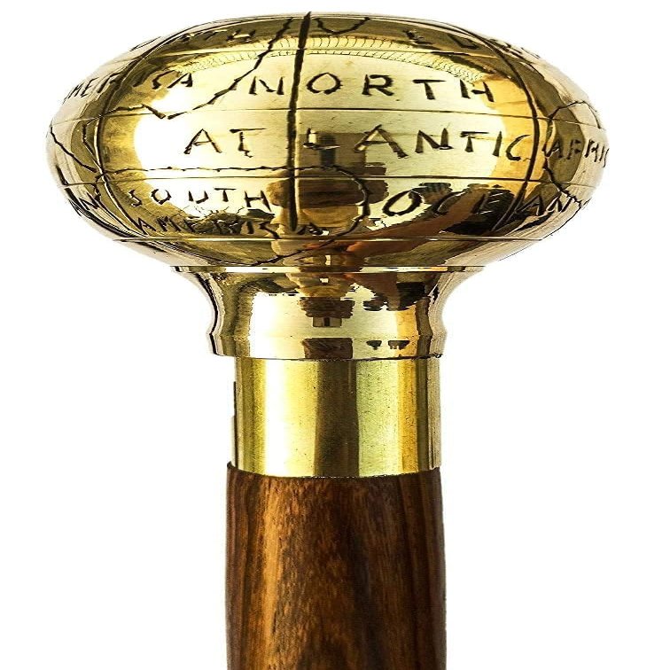 Handmade Decorative Walking Stick with Globe Handle, Brass and Wood, Atlantic Design