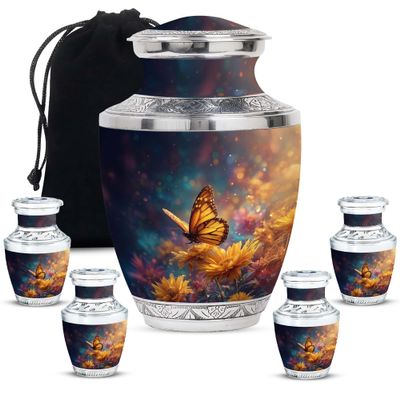 LEXFAY Monarch Butterfly on Sunflowers - Male Urns for Human Ashes - Funeral Urns for Adult Ashes Women - Cremation Urn for Dad - Adult Urn for Men and Women - Combo of 5 Memorial Token