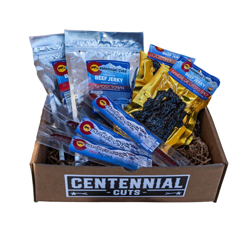 Centennial Cuts Hot & Spicy Beef Jerky & Beef Sticks Gift Box Spicy Jerky Variety Pack, 4 Jerky Bags + 3 Beef Sticks, High Protein Snack