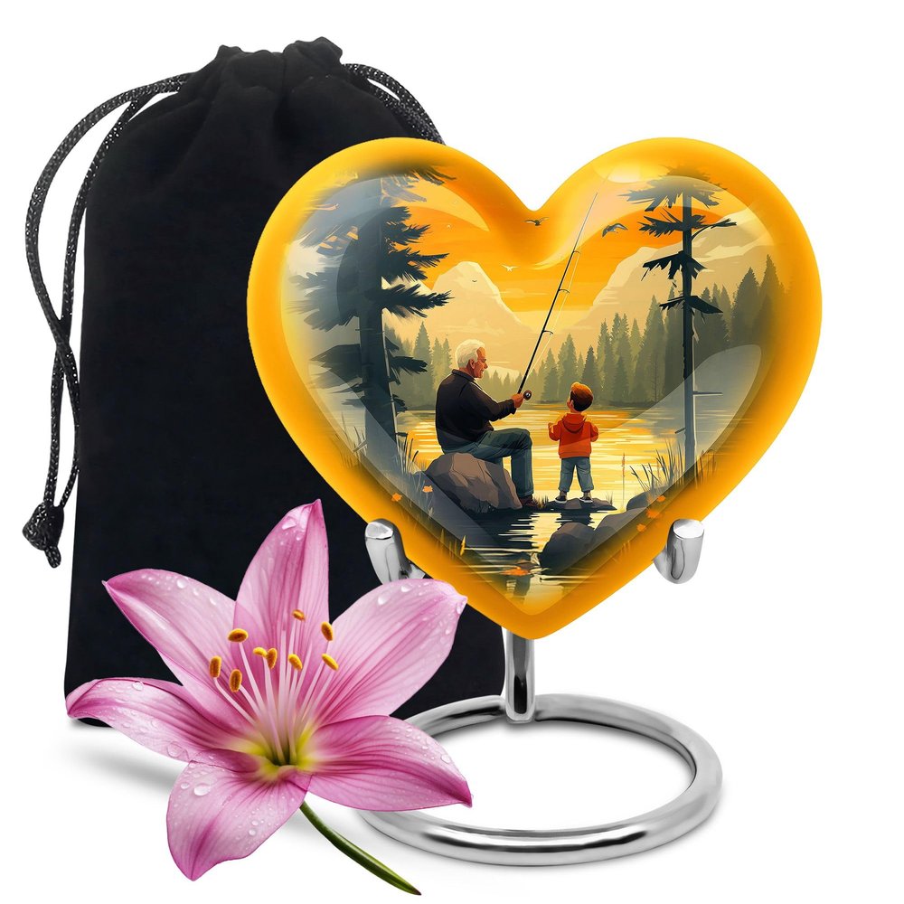 KARYLIZ Fisherman Large Funeral Urn for Adult - Container for Burial - Fishing Cremation Urn Human Ashes Adults - Yellow Heart Memorial Urns for Ashes Adult Female - Funeral Gift Ash Holder 8 Inch
